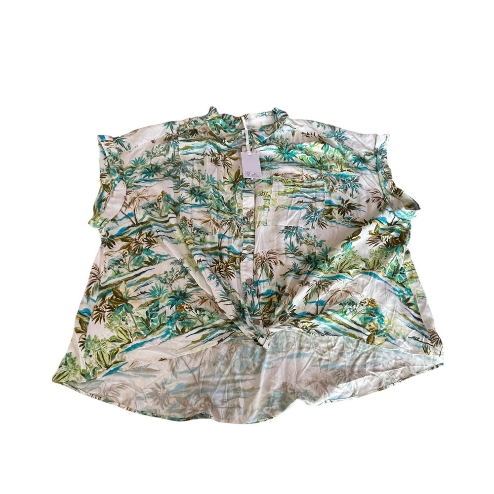 Rose + Olive Womens 2X Tropical Palm Print Tie Front Button Up Rayon Blouse NEW